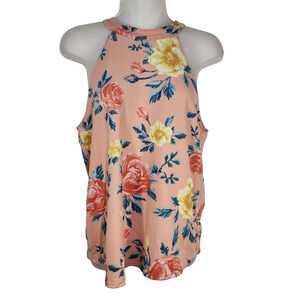Twenty Second Womens Top Small Sleeveless Floral Pink Green Halter Knit Soft
